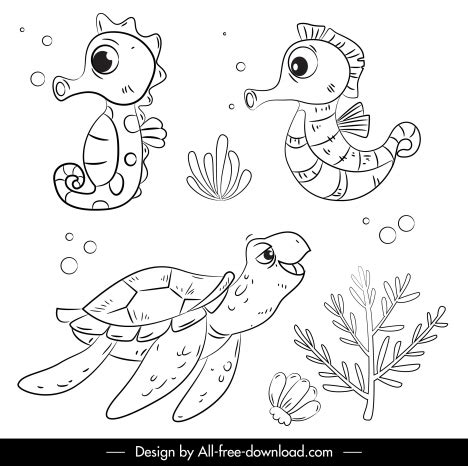 Ocean animals icons seahorse turtle sketch handdrawn cartoon vectors stock in format for free ...