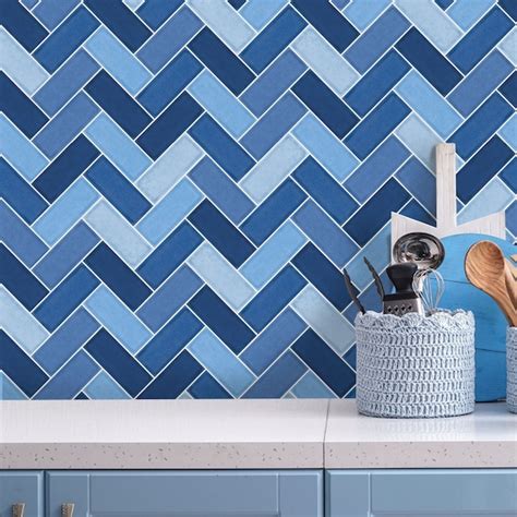 Herringbone Blue Tiles Backsplash Peel and Stick in Roll - Etsy