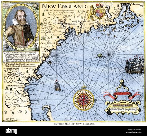 John Smith map of New England with inset portrait circa 1620. Hand ...