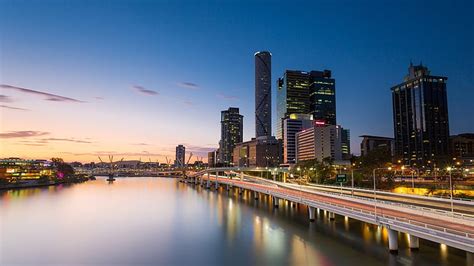 HD wallpaper: Australia, lights, night, Brisbane, building, river, Moon ...