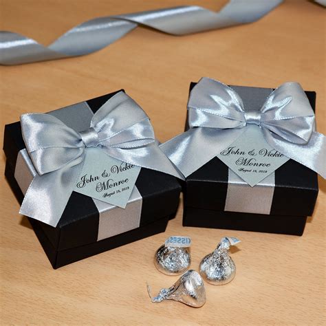 Silver wedding favor gift box with satin ribbon bow and your | Etsy ...