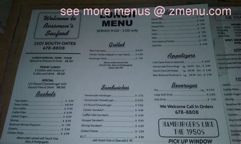 Menu at Bossman's Seafood restaurant, Dothan, S Oates St