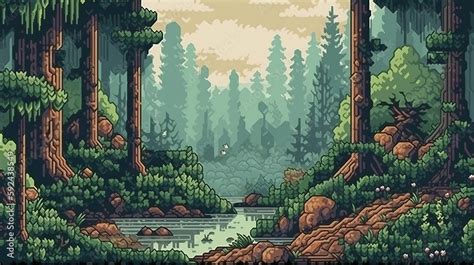 Forest, Retro computer games level. Pixel art video game scene 8 bit. Generative AI Stock ...