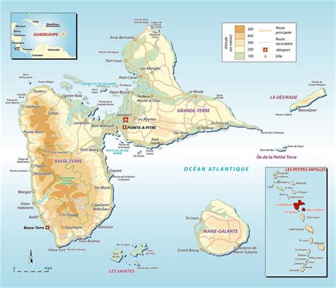 Large detailed road and physical map of Guadeloupe. Guadeloupe large detailed road and physical ...