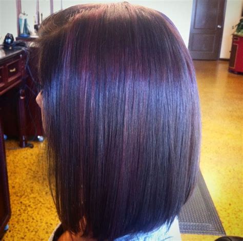 Dark Brown Hair with Purple Hilites, Long Angled Bob Haircut -Color and ...