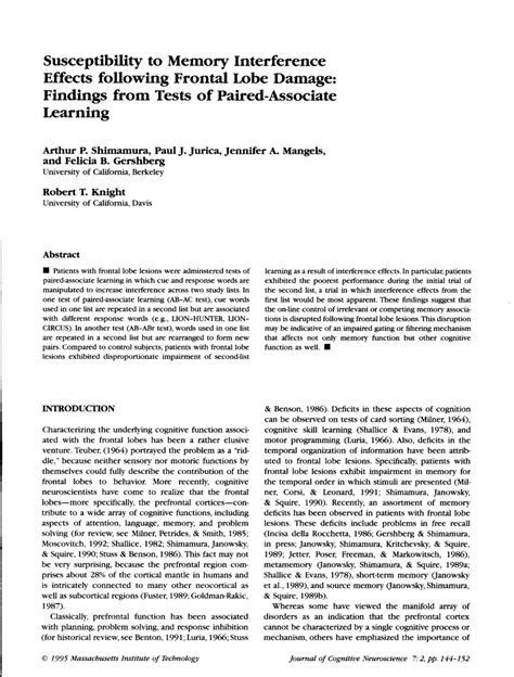 (PDF) Susceptibility to Memory Interference Effects following Frontal Lobe Damage: Findings from ...