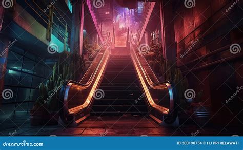 Escalator at the Bottom of a Set of Stairs, in an Abandoned Theme Park. Generative Ai Stock ...