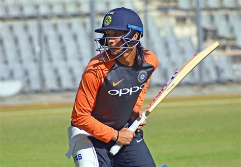 Smriti Mandhana in her batting stance at a training session ...