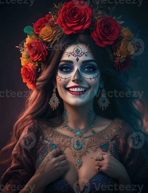 beautiful woman with painted skull on her face for Mexico's Day of the ...