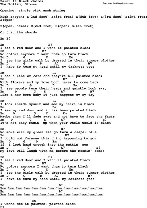 Song lyrics with guitar chords for Paint It Black