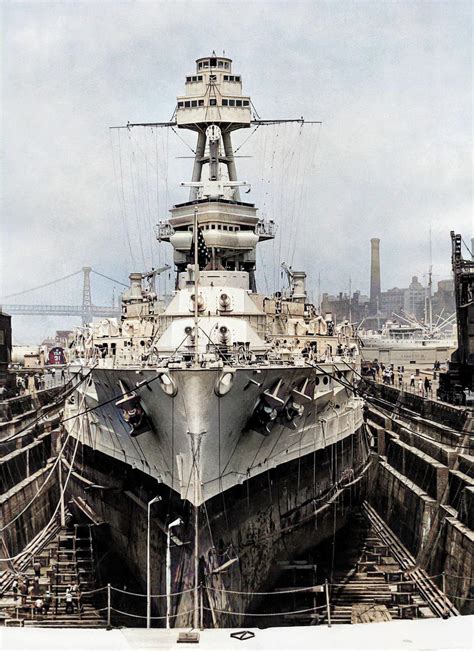 USS Texas (BB-35) in a dry dock at the New York Navy Yard for repair work and overhauling on ...