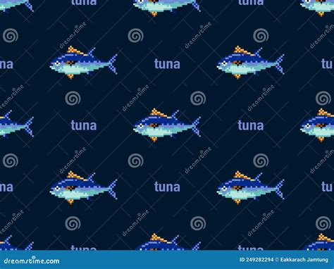 Tuna Seamless Pattern on Blue Background. Pixel Style Stock Vector - Illustration of marine ...