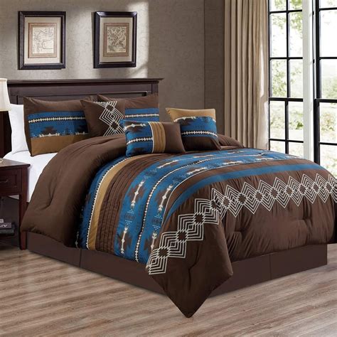 WPM 7Pcs Western Southwestern Design Comforter Set Navy Embroidered Queen Size Bed in a Bag ...