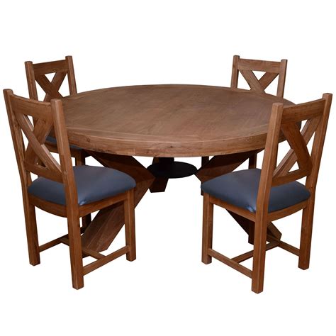 Triomphe Weathered Oak 6 Person Round Dining Table + 4 Dining Chairs With Brown Faux Leather ...