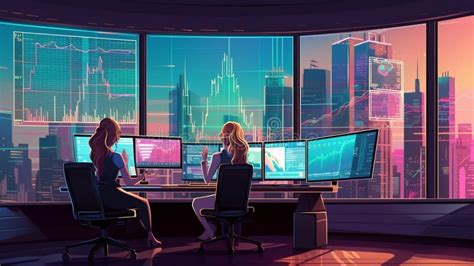 Two Women Sit at Office Desks, Work in Front of Computer Monitors ...