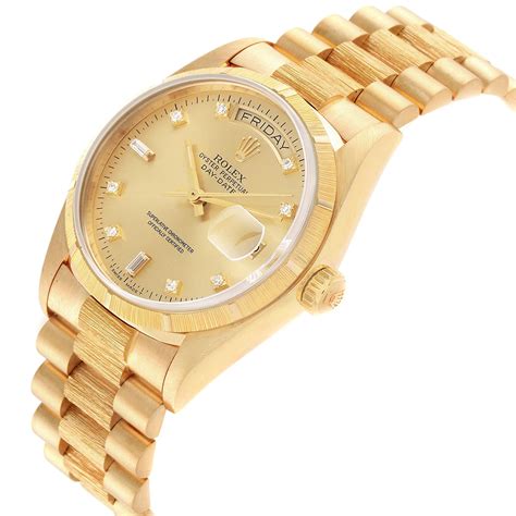 Rolex President Day-Date Yellow Gold Bark Finish Diamond Mens Watch ...