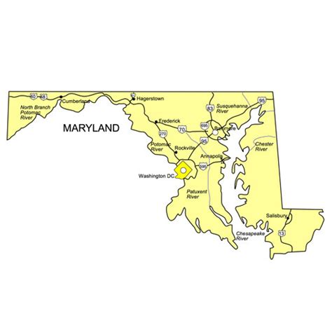 Maryland US State PowerPoint Map, Highways, Waterways, Capital and Major Cities - MAPS for Design