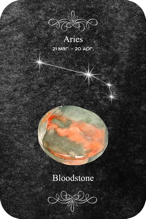 Watercolor zodiac sign Aries with stone Bloodstone on dark black ...