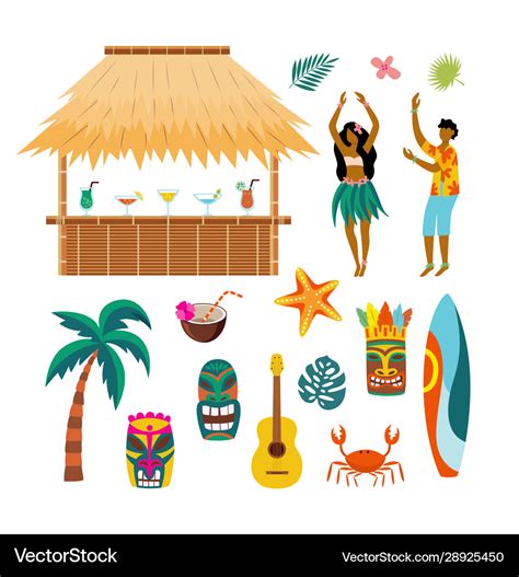 Tropical hawaii summer vacation drawing set - tiki