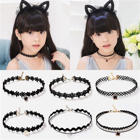 Fashion 5pcs Girls Multi layer Lace Black Choker Necklace Kid Stretch Velvet Classic Gothic ...