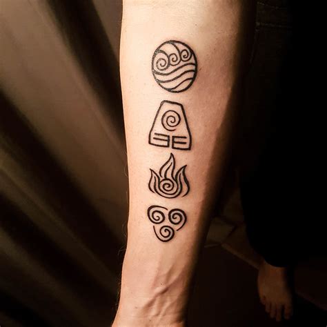 a person with a tattoo on their arm that has three symbols in the shape of fire and water