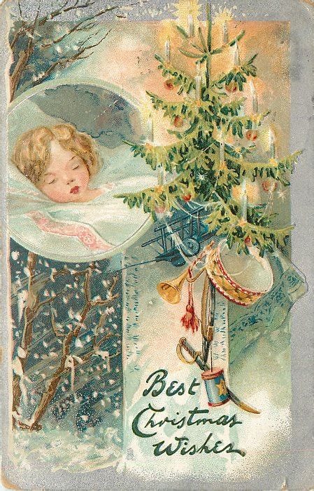 BEST CHRISTMAS WISHES lighted tree with toys right, inset of sleeping child left, falling snow ...