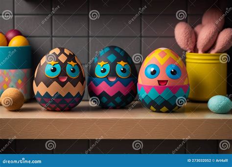 Easter Eggs Cute Character on a Kitchen Furniture. Colorful Eggs Cartoons Characters. Stock ...