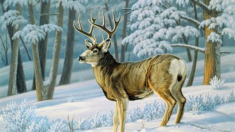 art, Oil, Painting, Drawing, Winter, Forest, Cute, Deer, Slope Wallpapers HD / Desktop and ...