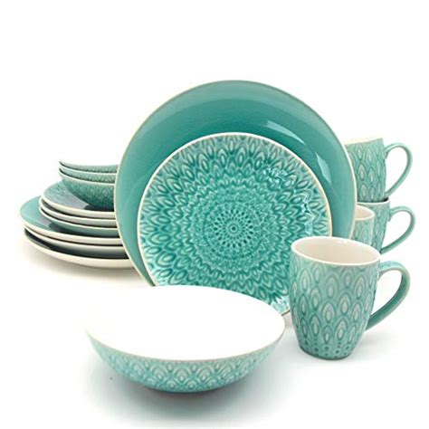 Euro Ceramica Peacock Collection Dinnerware Set, Service for 4, Lagoon ...