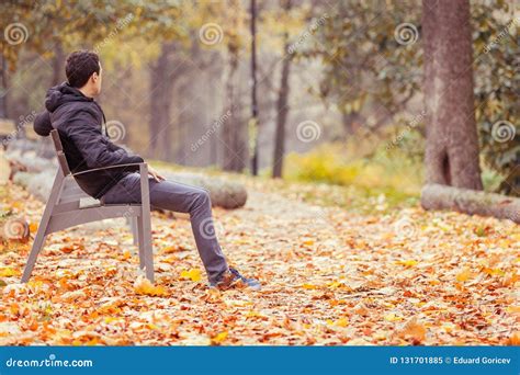 Young Man Sitting on a Bench in a Park Stock Image - Image of emotion ...