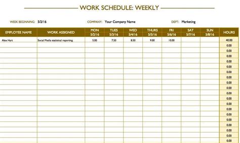 40 Hour Work Week Schedule Template