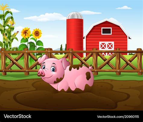 Cartoon pig playing a mud puddle in the farm Vector Image