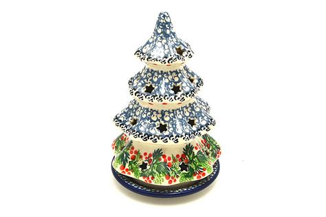 Polish Pottery Christmas Tree Luminarz - Small (6") - Holly Berry 512-1734a