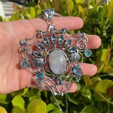 Unique Large Natural Moonstone Pendant 925 Sterling Silver Blue Topaz ...