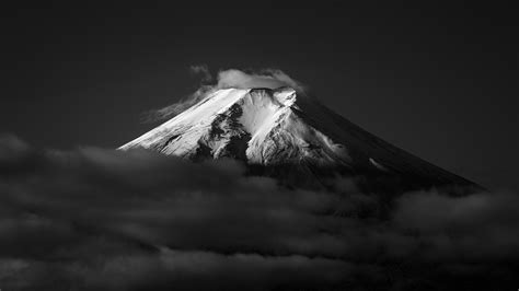 digital art, minimalism, nature, landscape, Mount Fuji, Japan, snowy peak, starry night, leaves ...