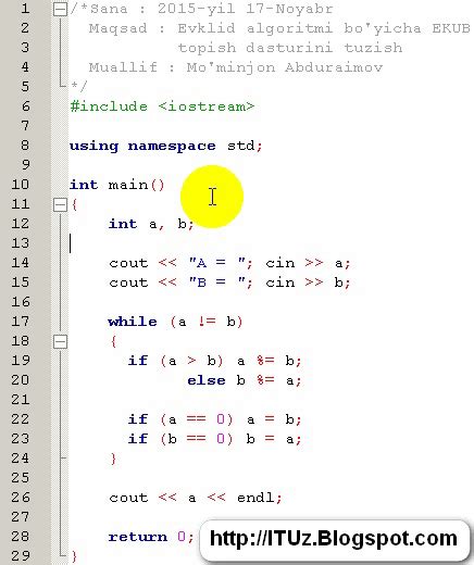 C++ dasturlash tilida Evklid algoritmi bo'yicha EKUB topish dasturini tuzamiz