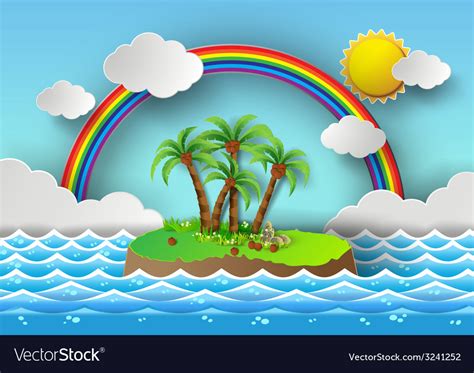 Palm with island and rainbow Royalty Free Vector Image