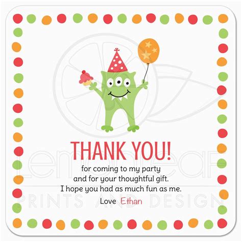 Thank You Card for Kids Birthday Monster with Three Eyes Balloon and Party Hat Birthday ...