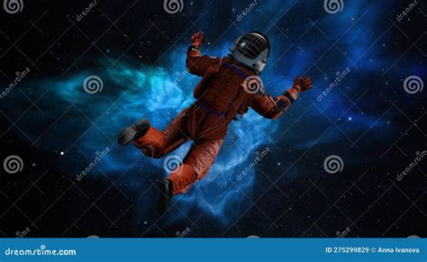 Flight of Astronaut Cosmonaut in Space. Cosmic Weightlessness, Gravity, Falling Man into ...