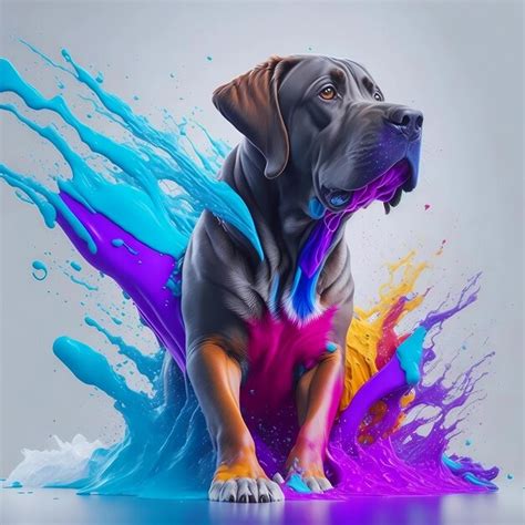Premium AI Image | A Labrador Retriever dog is sitting in front of a colorful spray paint
