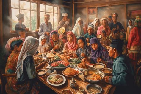 Premium Photo | A painting of people eating food and one of them has a poster on the wall.