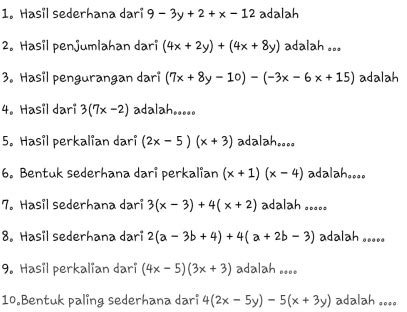 Solved: Hasil sederhana dari 9-3y+2+x-12 adalah 2. Hasil penjumlahan ...