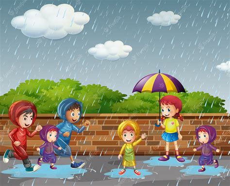 Premium Vector | Many children running in the rain