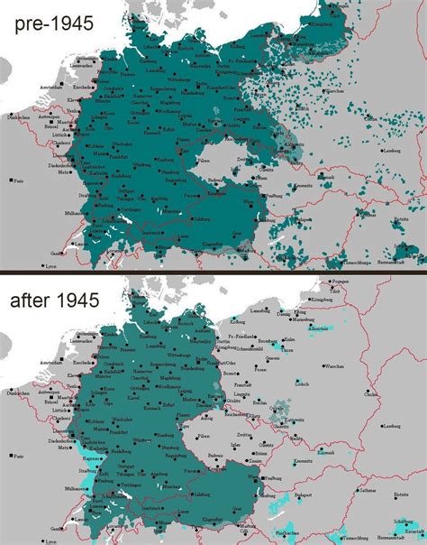 Map of German speaking areas pre-1945 & after 1945 : MapPorn