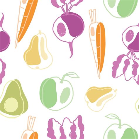 Seamless pattern of colorful fruit and vegetable with abstract shapes ...