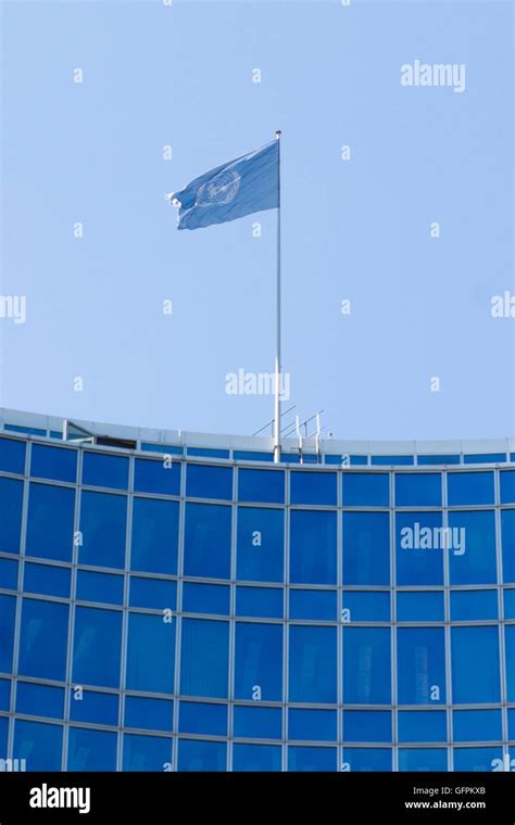 GENEVA, SWITZERLAND - JUNE 6, 2016: . The United Nations flag at the building in Geneva ...