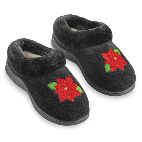 Plush Faux Fur Lined Red Poinsettia Non-Skid Slippers | Collections Etc.