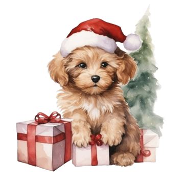 Watercolor Santa Claus Puppy With Christmas Tree And Gift, Christmas Dog, Funny Santa, Christmas ...