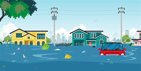 Flood Town Stock Illustration - Download Image Now - Flood, House, Vector - iStock