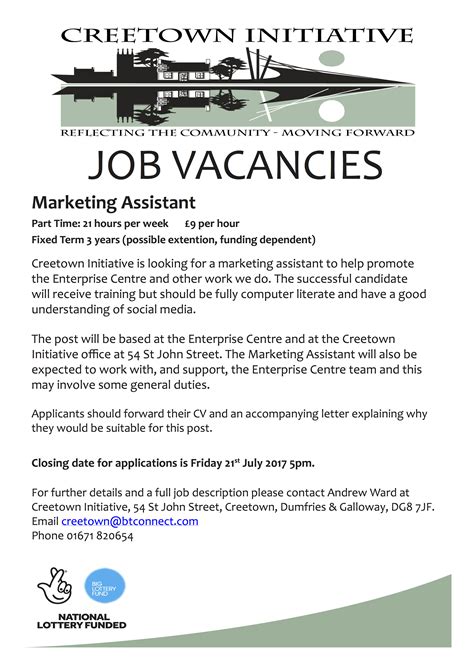 CI Job Vacancies Poster MARKETING ASSISTANT - Creetown Initiative